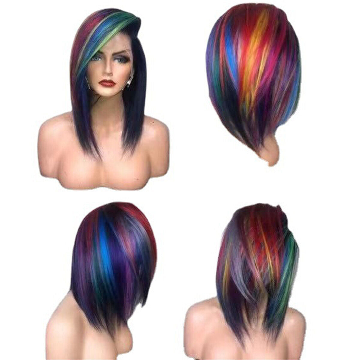 Women Girl Rainbow Colorful Multicolor Fancy Costume Party Short Bob Hair Wigs