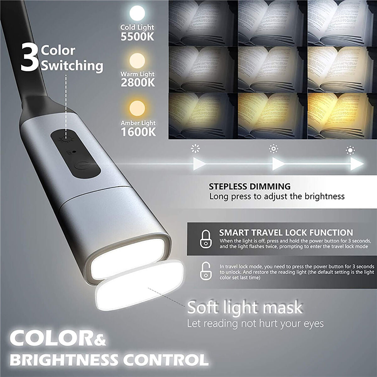 Neck Reading Light - 3 Colors 8 LED Book Light for Reading in Bed Running