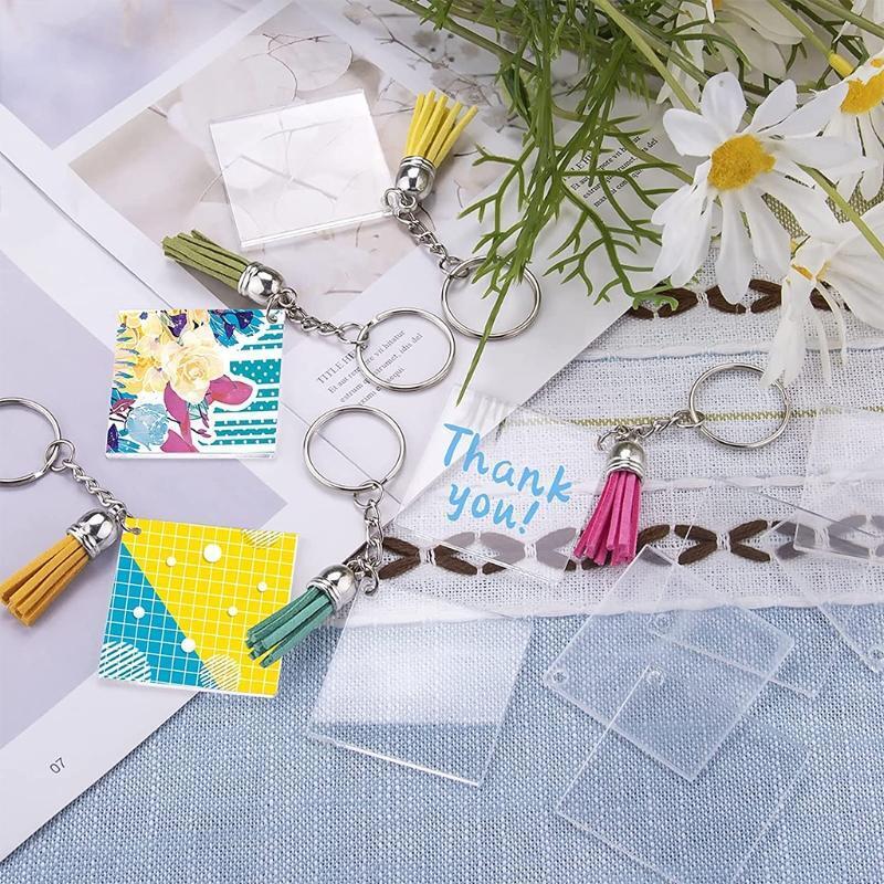 Acrylic Square Round Keychains Blank Colorful Tassels Metal Decoration Keyrings