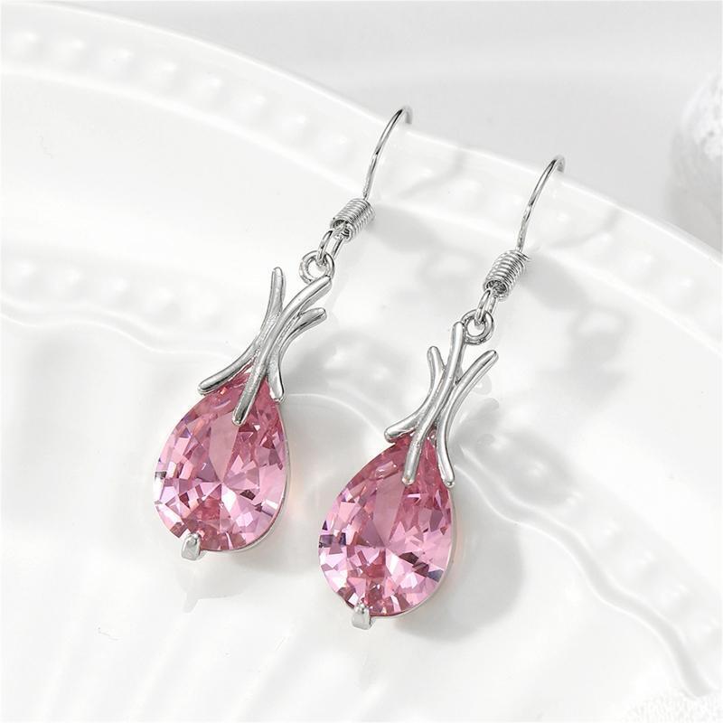Sparkling Fish Hook Dangle Earring Pink Gem Pendant Earring Women Girl Jewelry
