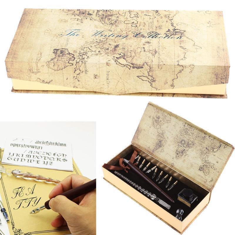 1set Nibs Wooden Dip Pen Set Glass Calligraphy Pen Set for Cartoon Lettering Art