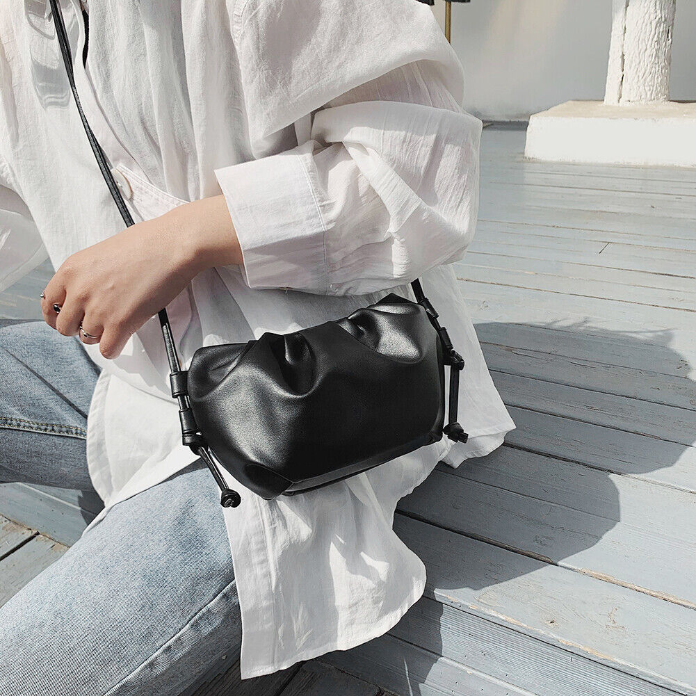Women Cloud Shoulder Bag Leather Day Clutch Solid Crossbody Handbag (Black)