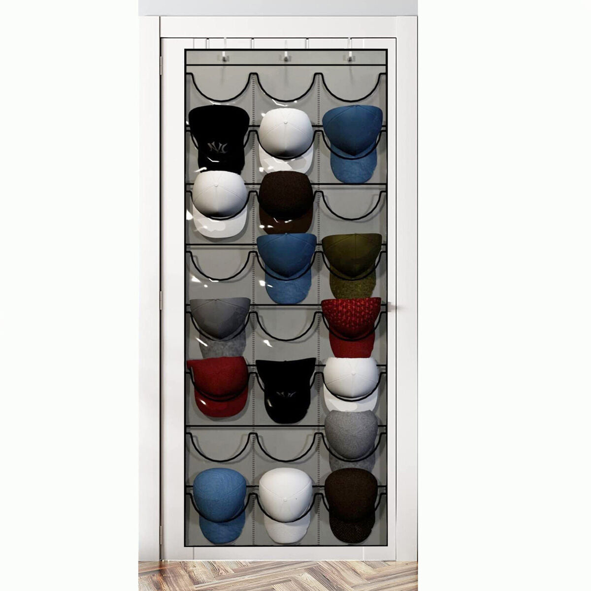 Baseball Hat Rack 24 Clear Hanging Over The Door to Protect Cap (Grey)