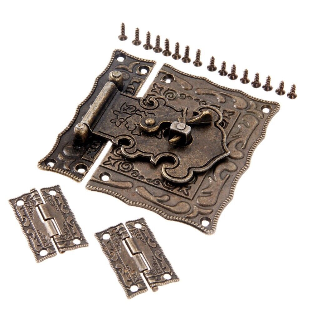 Rectangle Carved Flower Box Latch Hasp Buckle Toggle Clasp Hook & Hinge Hardware