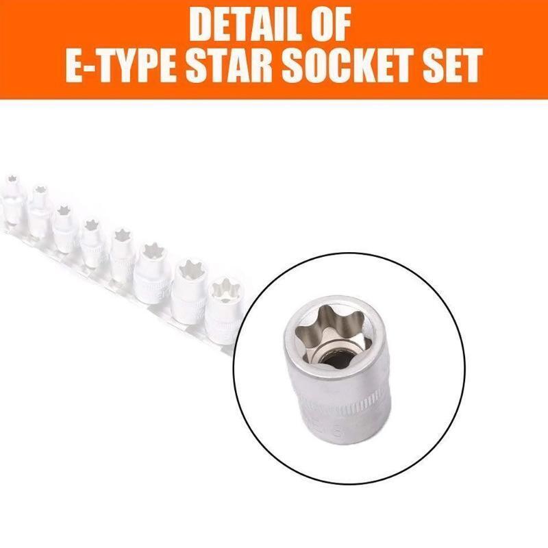 E4 - E20 On Rail 1/4" 3/8" E-Type Sockets External Star Torque Socket Set 11 Pcs