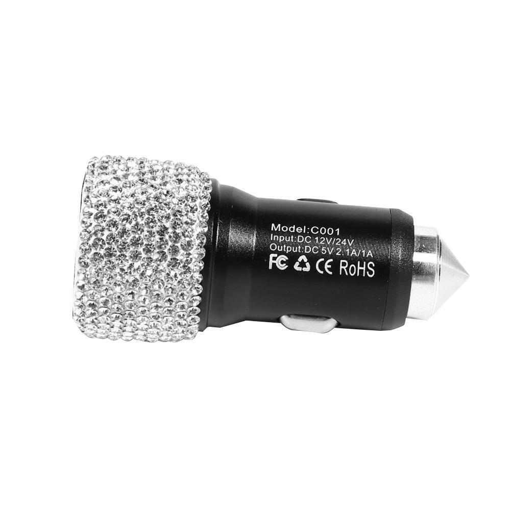 Dual USB Port Fast Charging Car Charger Safety Hammer Diamond Style (White)