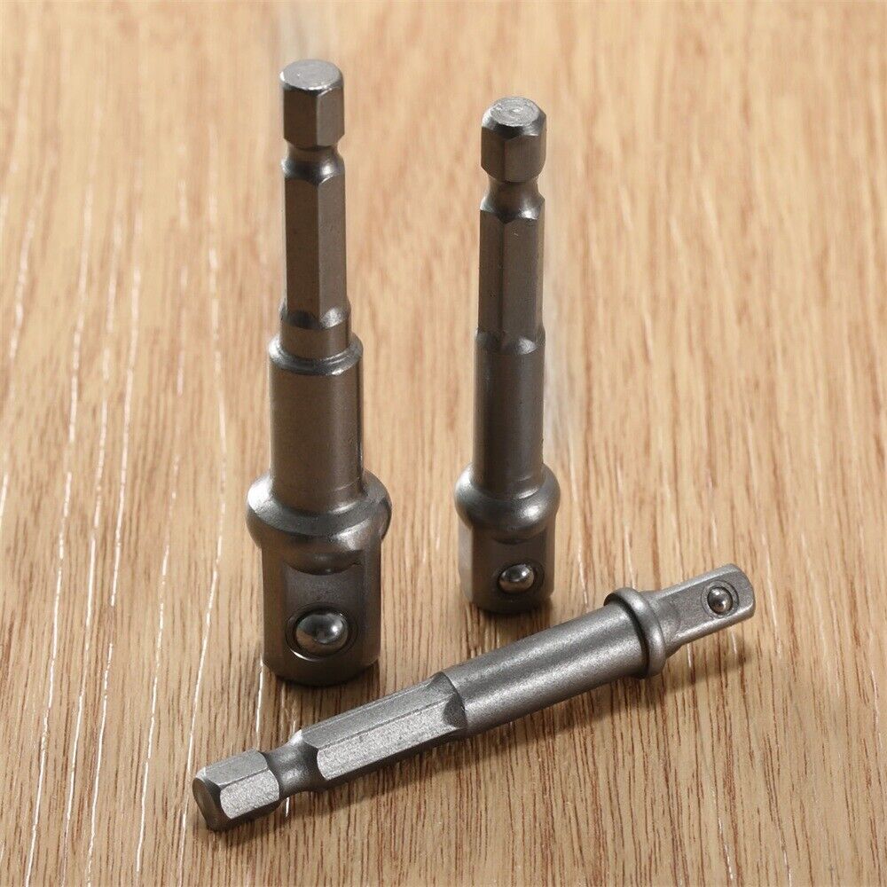 Screwdriver Impact Drill 3pc Socket Adapter Hex to 1/4" 3/8 1/2 Inch Bit Ratchet