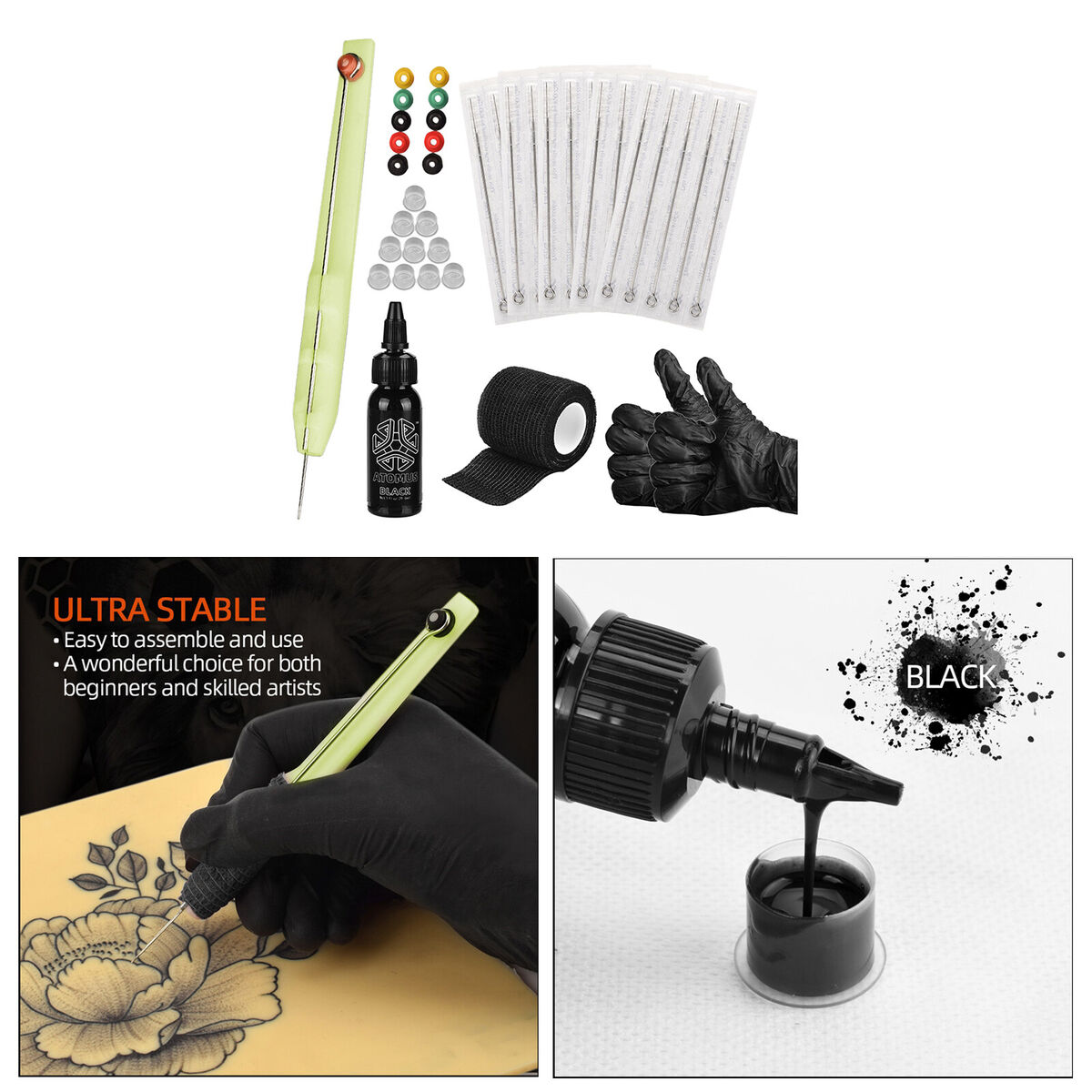 Wipe Hand Poke Hitting Pen Tattoo Stick Set & amp 15Pcs Needles DIY Art Kit