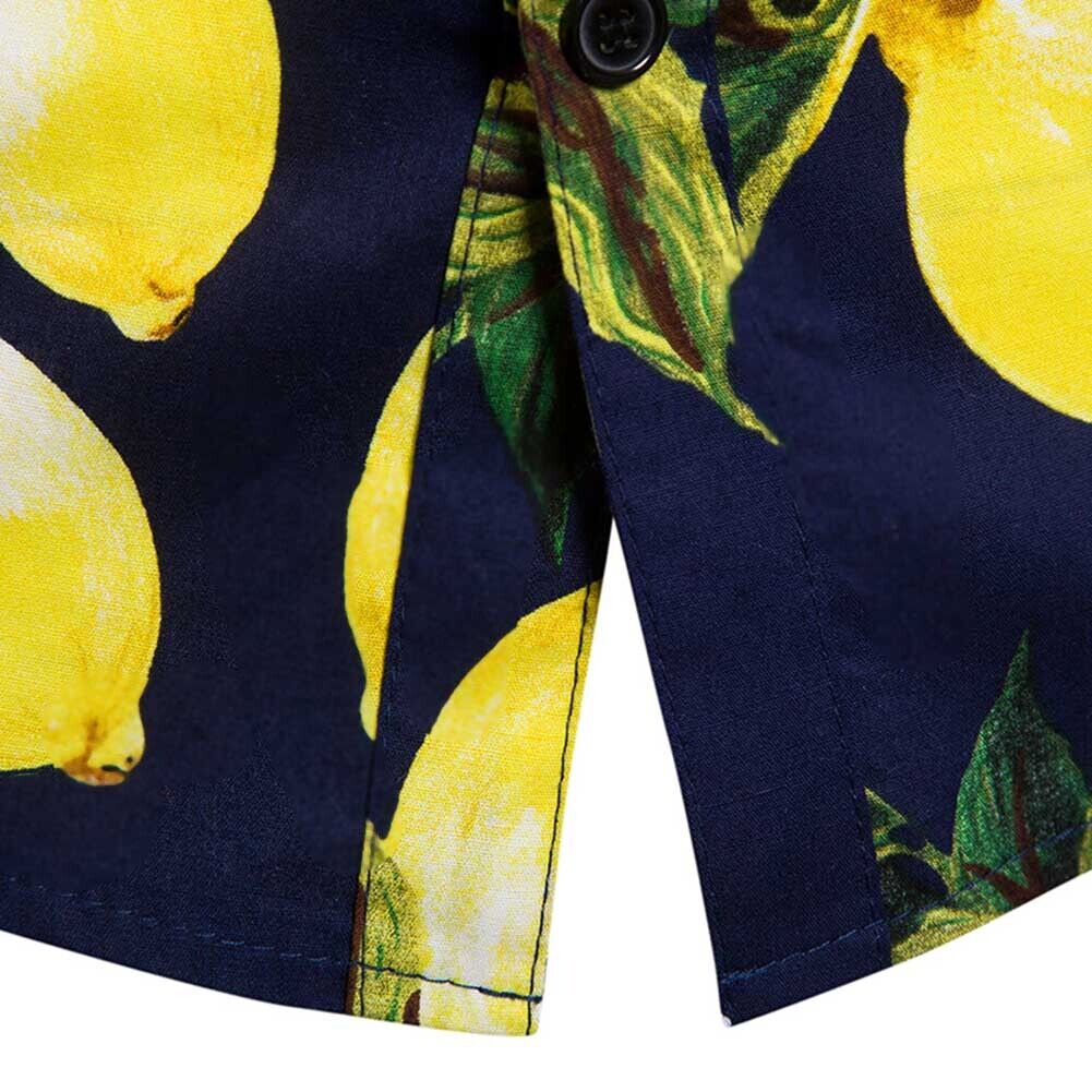 Men Long Sleeve Lemon Beach Fashion Turn Down Collar Shirt(Navy Blue 2XL)-2