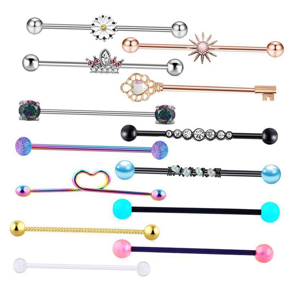 13Pcs 14 Gauge Industrial Barbell Earrings for Women Men Rhinestone 38mm 1&1/2