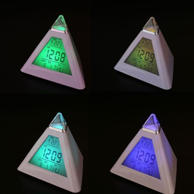 7 LED Colors Changing Pyramid Shaped Digital Alarm Clock Calendar Thermometer