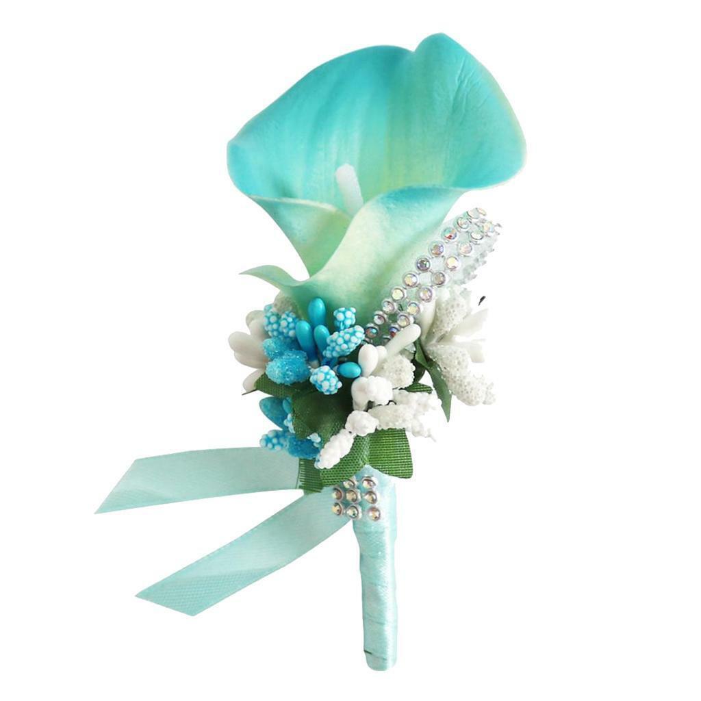 2 Pieces  Calla  Rhinestone Groom Bridal Wedding Corsage Sky