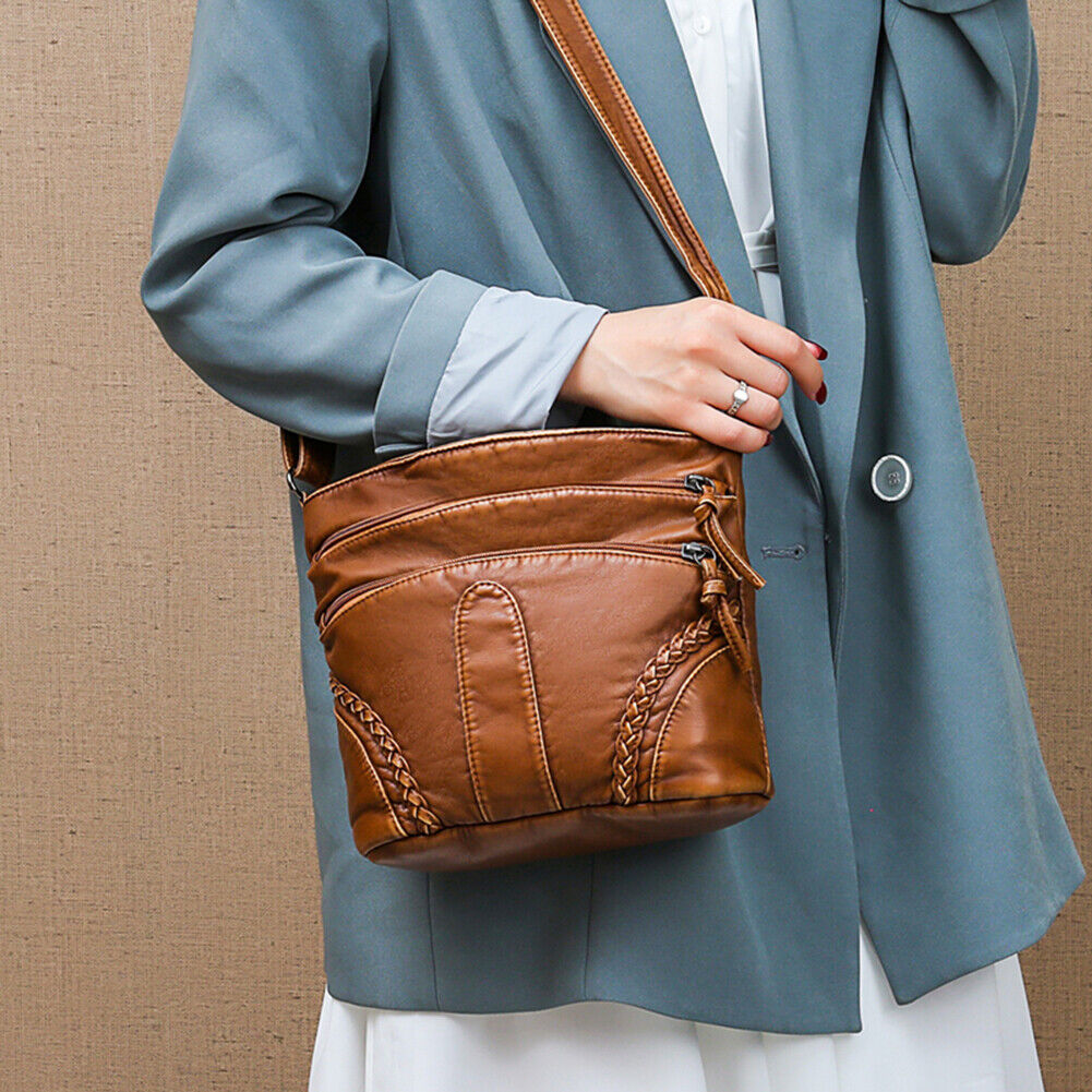 Washable Soft PU Messenger Bag Women Multi Pocket Shoulder Pouch (Brown)