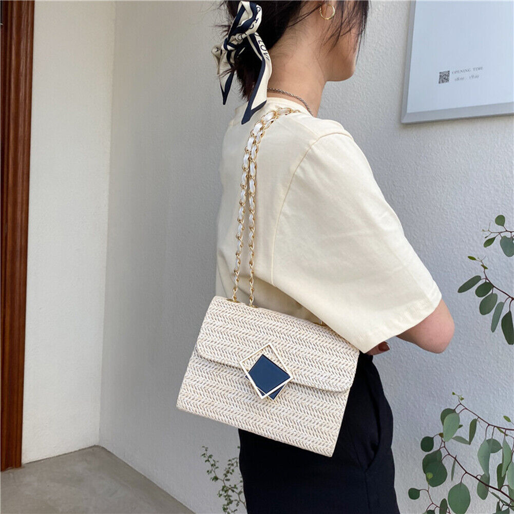 Fashion Women Woven Shoulder Underarm Bag Vacation Crossbody Bags (Beige)