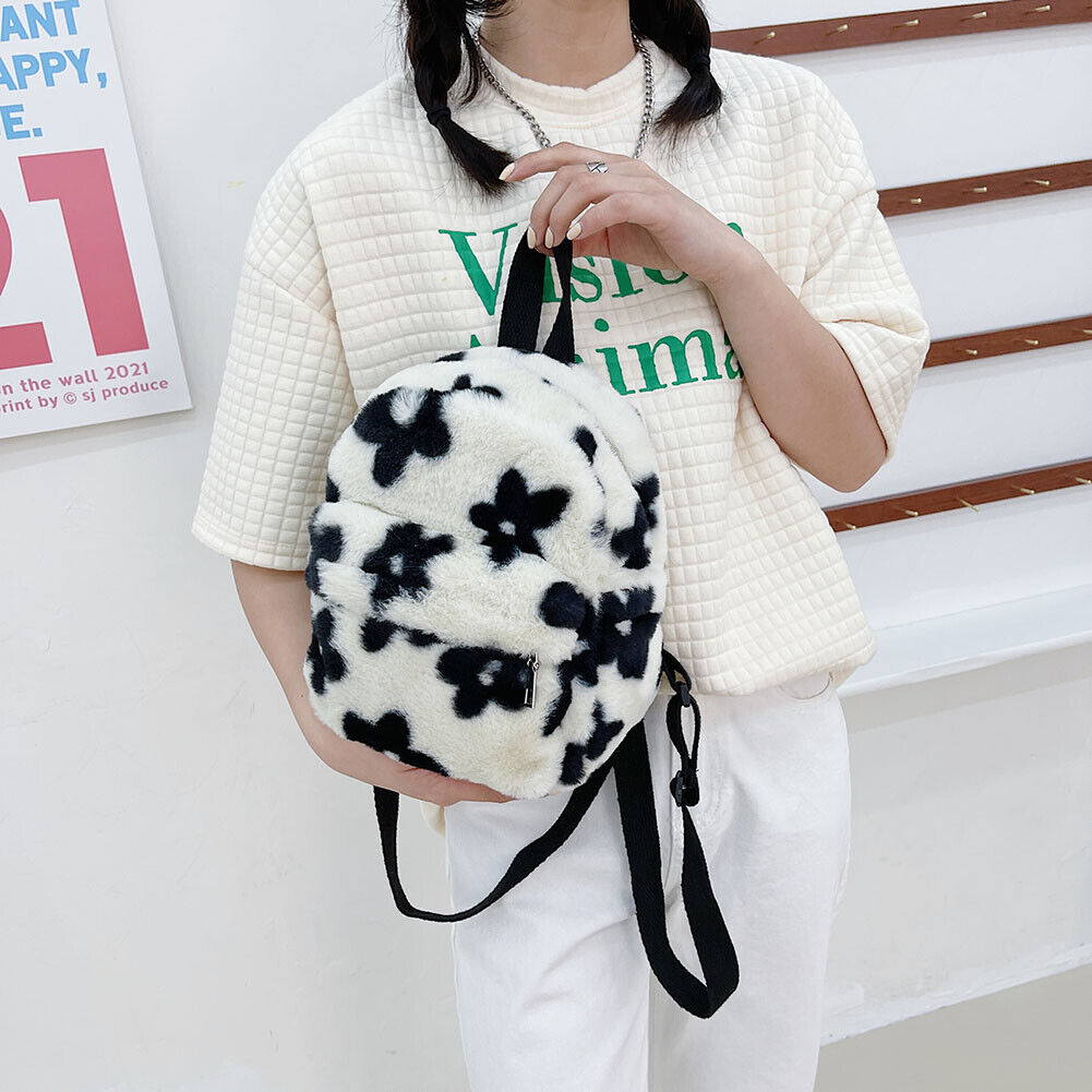Preppy Style Women Flowers Printing Plush Backpack Casual Small Knapsack