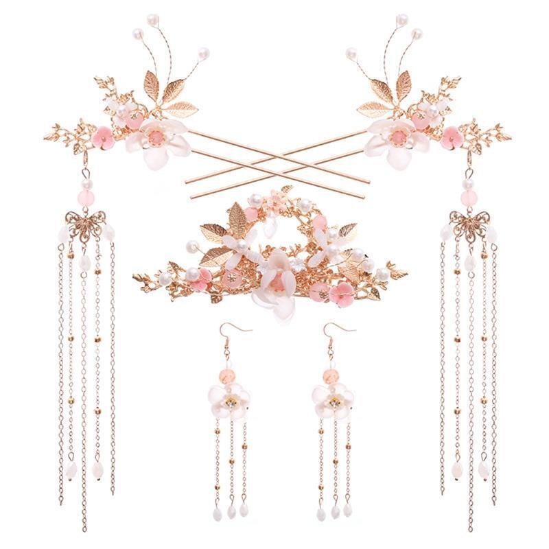 Women Chinese Hanfu Dress Jewelry Sets Tassel Floral Hairpins Earrings Hair Fork