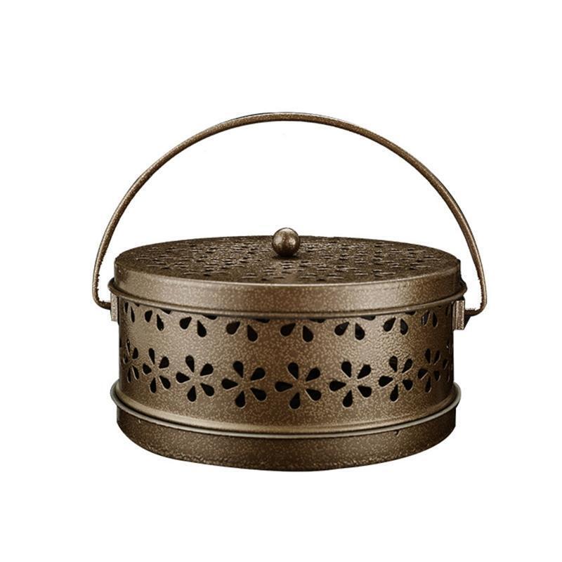 Round Iron Mosquito Incense Burner with Handle for Home (Yellow Bronze)