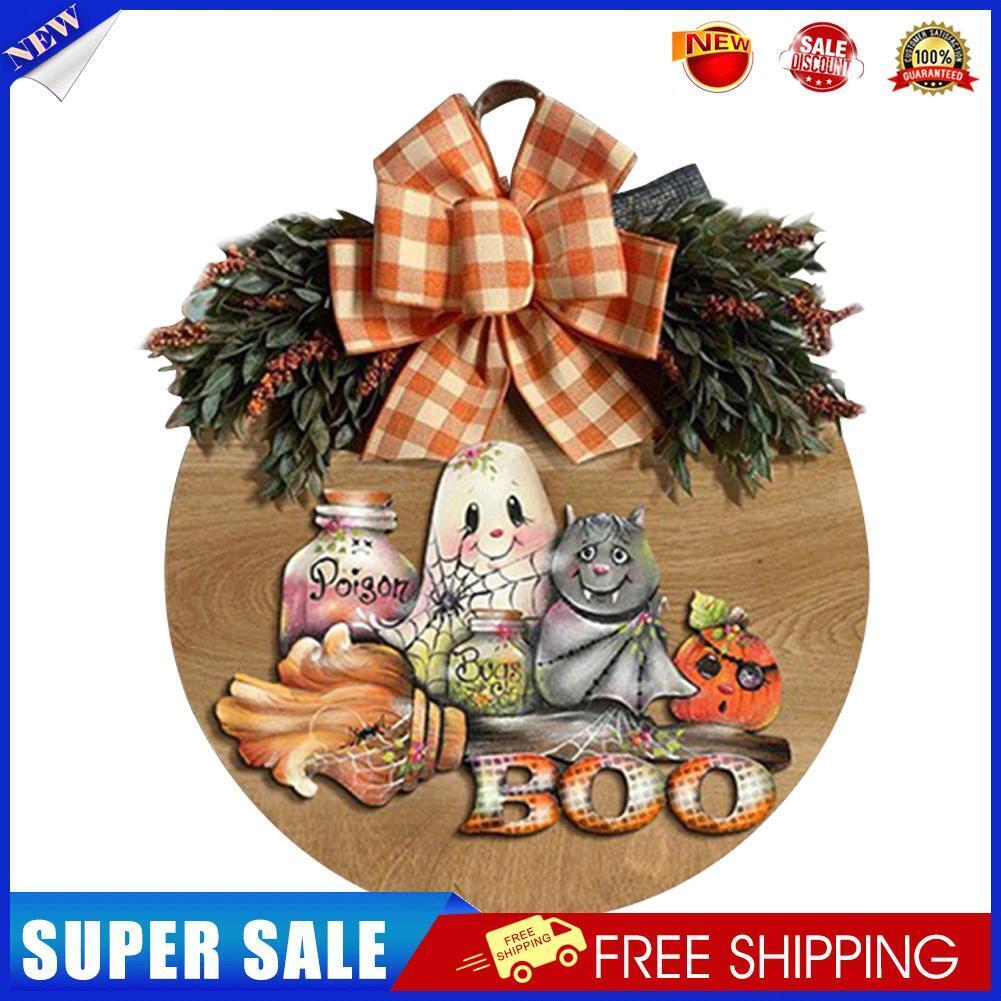 Halloween Pumpkin Bow Wreath Hanging Wooden Door Autumn Garland Pendants