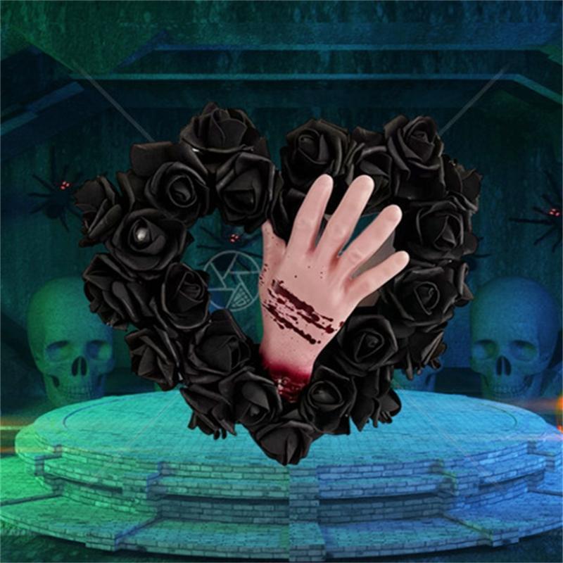 Black Halloween Wreath Heart Wreath Door Wreath with Bloodstain Hand Rose Decor