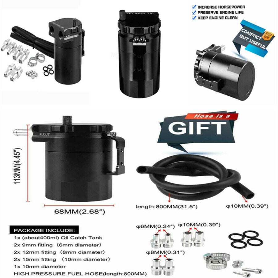300ML Oil Catch Can Kit Reservoir Tank Engine Black Polish Baffled For Car