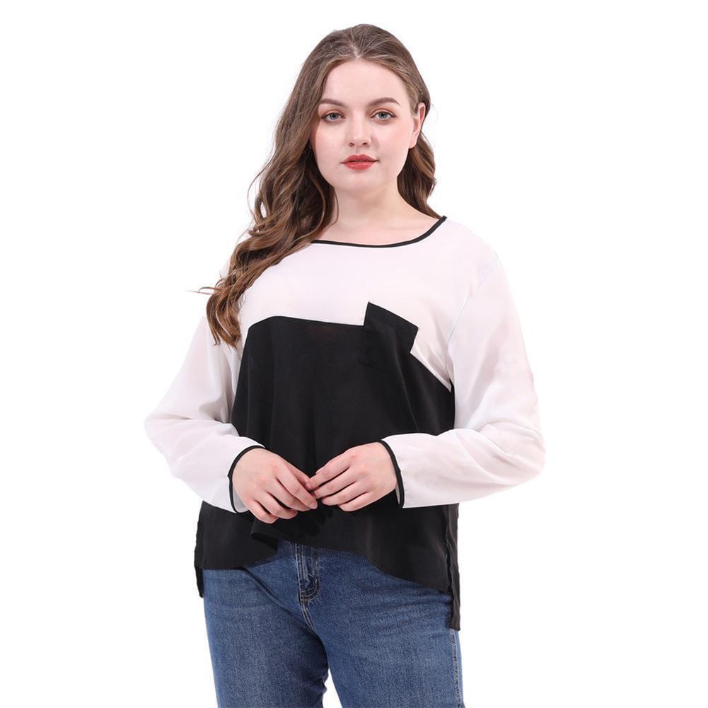 Plus Size O-neck Tops Women Long Sleeve Splicing Color T-shirts (White 5XL)