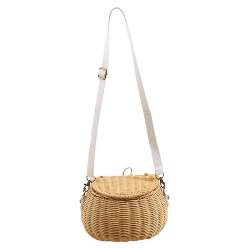 Portable Rattan Basket Shoulder Bag with Long Strap Kids Woven Basket Bag Props