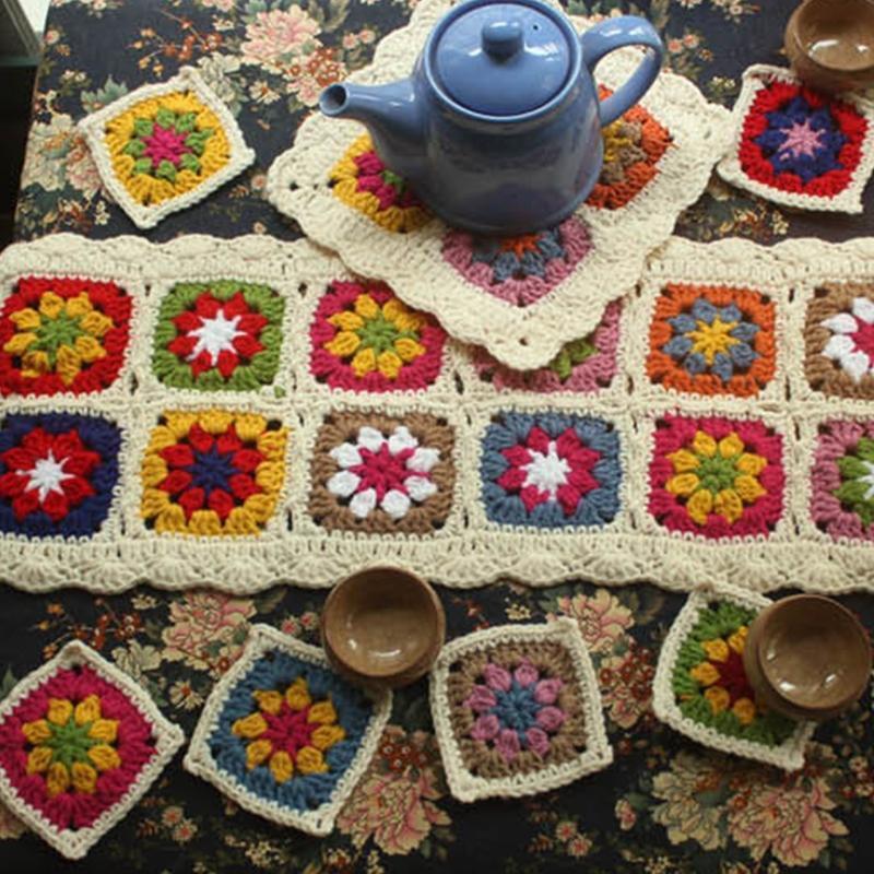 Handmade Crochet Wool Table Runner Teapot Cushion Pad Coaster Set of 8