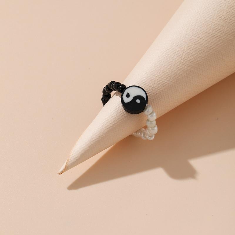 Ladies European American Black and White Tai Chi Rice Bead Ring Fashion Jewelry