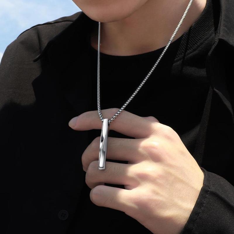 Spiral Long Rectangular Pendant Necklace Stainless Steel Vertical Bar Necklace