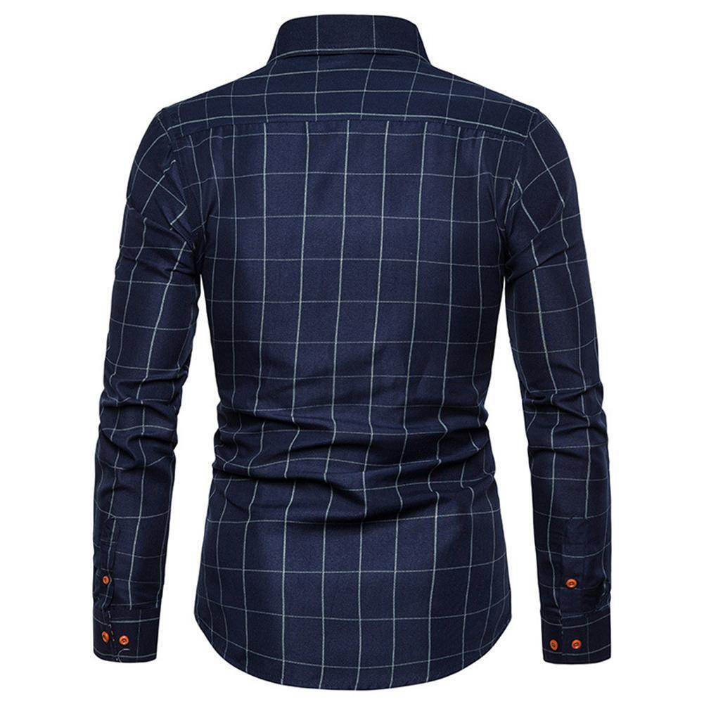 Men Plaid Cotton Shirts Spring Casual Youth Shirt Lapel Blouse (Blue)(4XL)