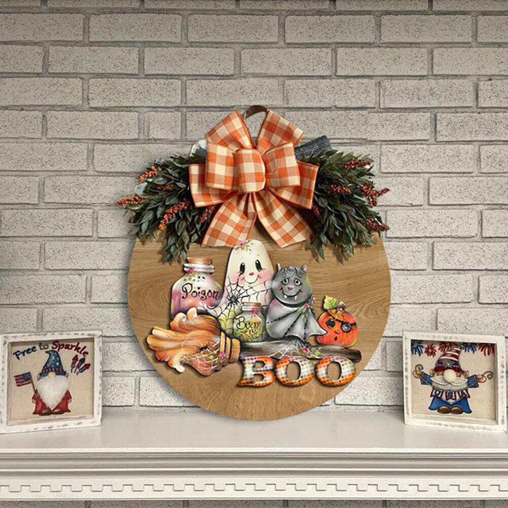 Halloween Pumpkin Bow Wreath Hanging Wooden Door Autumn Garland Pendants