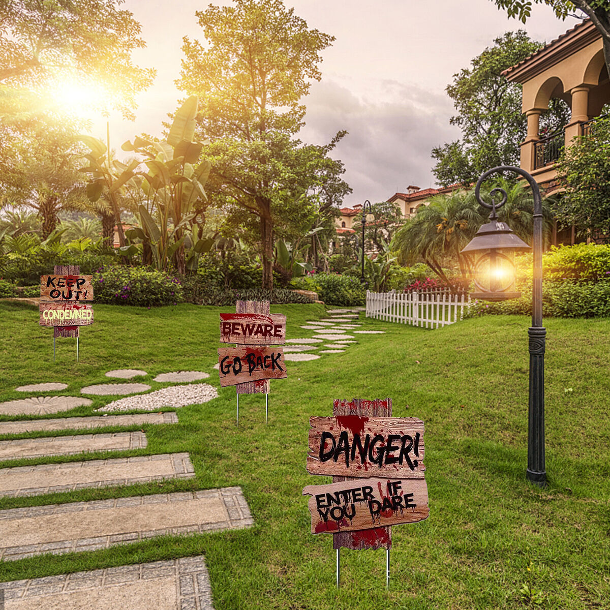Halloween Yard Sign Stakes Outdoor Creepy Beware Danger Warning Sign 3pcs