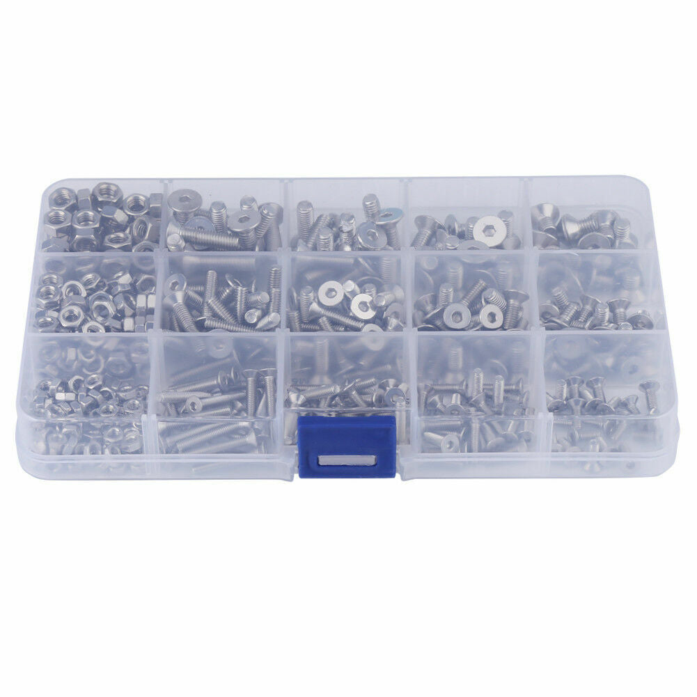 440pc M3 M4 M5 Stainles Steel Hex Socket Flat Head Screw Bolts Nuts kit Durable