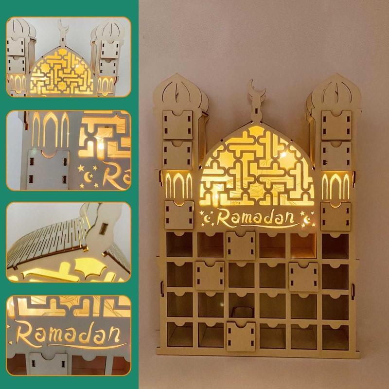 Eid Ramadan Ornament Wooden Palace Moon Star Led Glowing Crafts Supplies