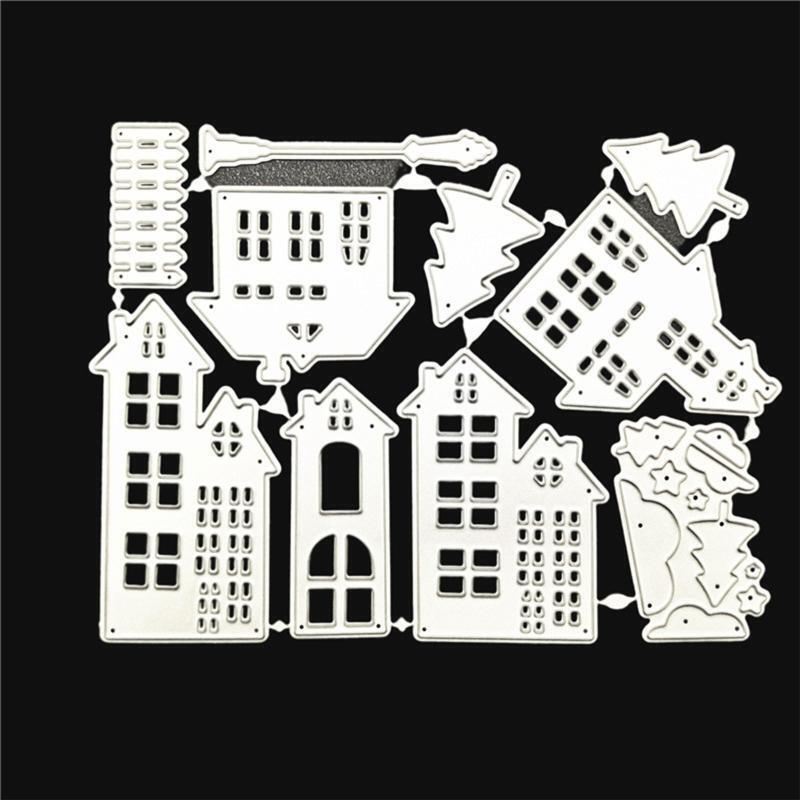 Village House Tree Streetlight Metal Cutting Dies Stencil DIY Embossing Template