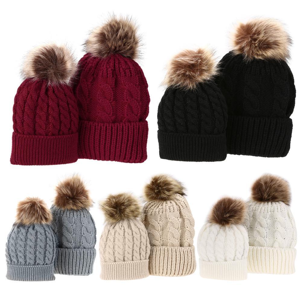 Mom Baby Kid Warm Raccoon Fur Bobble Beanie Cotton Knitted Parent-Child Hat