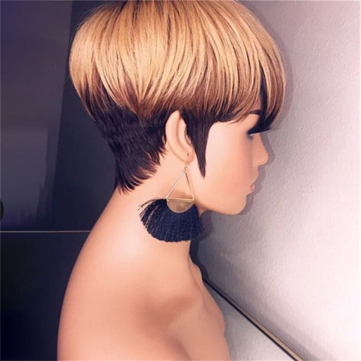 Short Honey Blonde Ombre Brazilian Human Hair Bob Wig With Bangs Pixie Cut Wigs