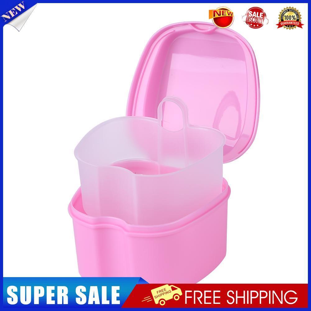 Dental False Teeth Storage Box with Hanging Net Container Organizer (Pink)