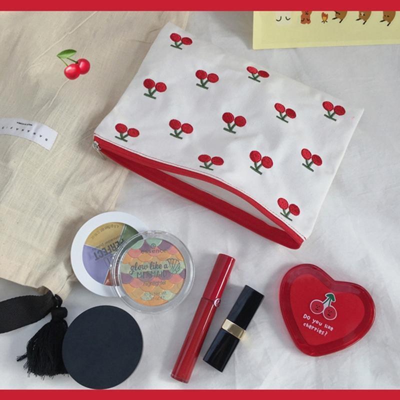 Cute Little Cherry Embroidery Storage Bag with Zipper Coin Lipstick Bags