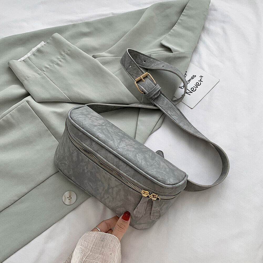 Fashion PU Shoulder Bag Women Solid Fanny Zip Chest Crossbody Pack (Grey)
