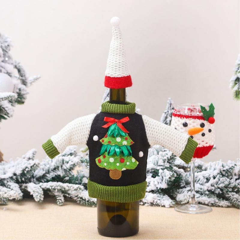 4 Sets Christmas Decorations Knitted Sweater Wine Bottle Cover Bag Hat New Year