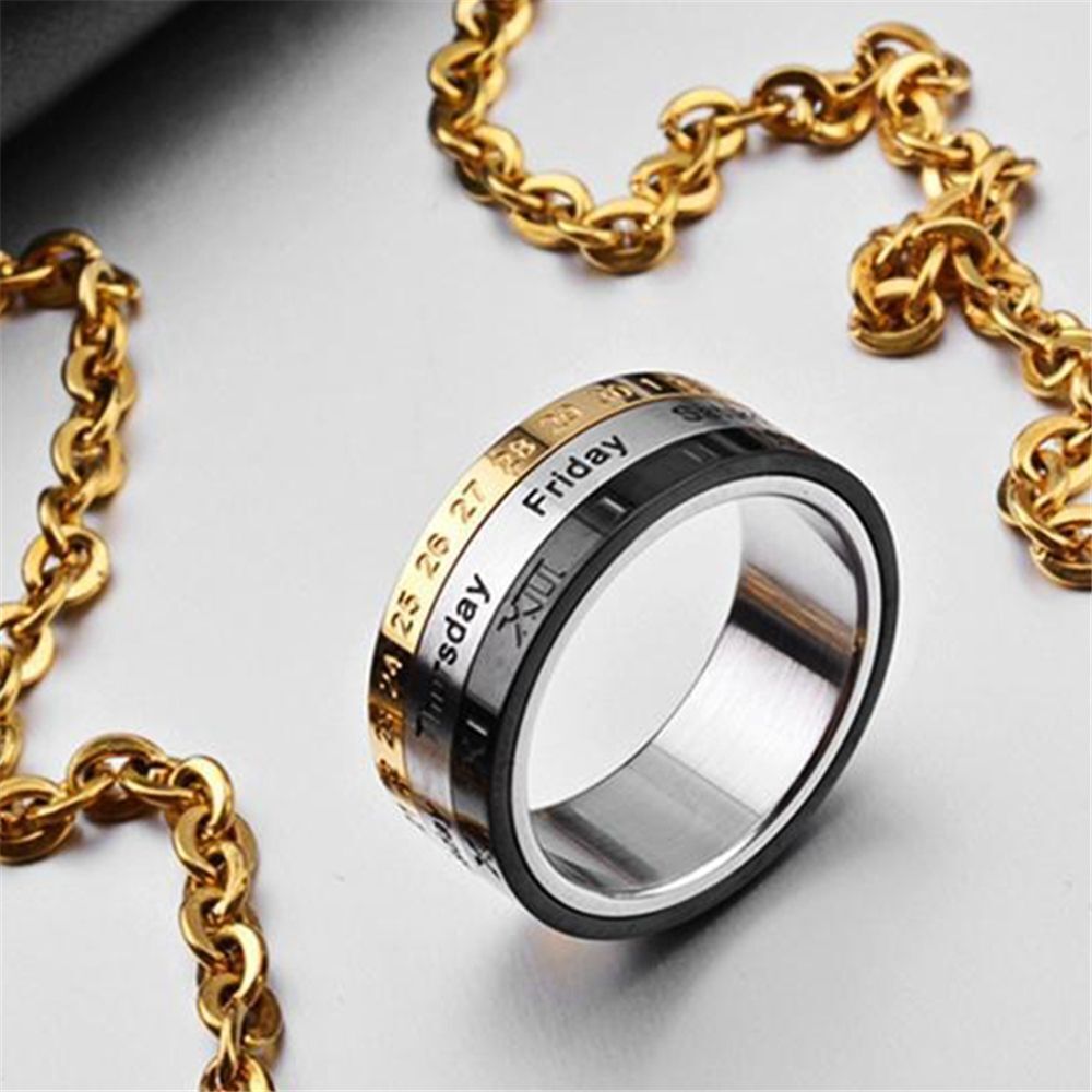 Steel Biker Date Time Calendar Roman Numerals Rings 3 Part Punk Rotatable