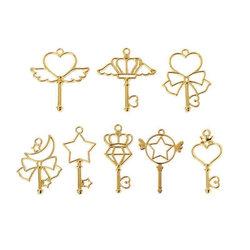8 Pieces Exquisite Open Bezel Pendants Charms Wand Heart Key Shape Hollow Charm