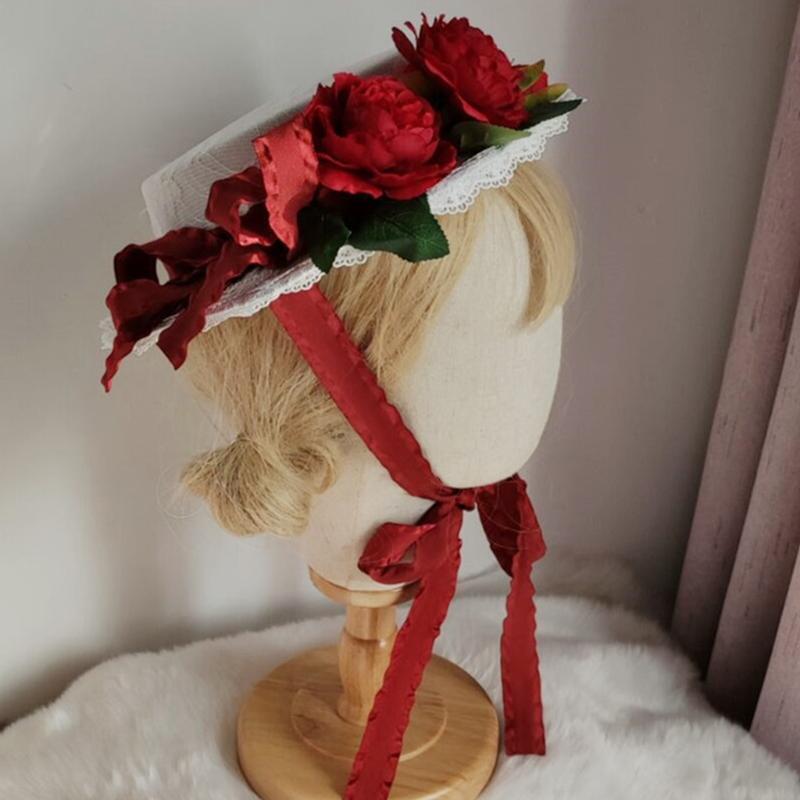 Sweet Lolita Lace-up Flat Top Hat Japanese Girl Flower Tophat for Wedding Church