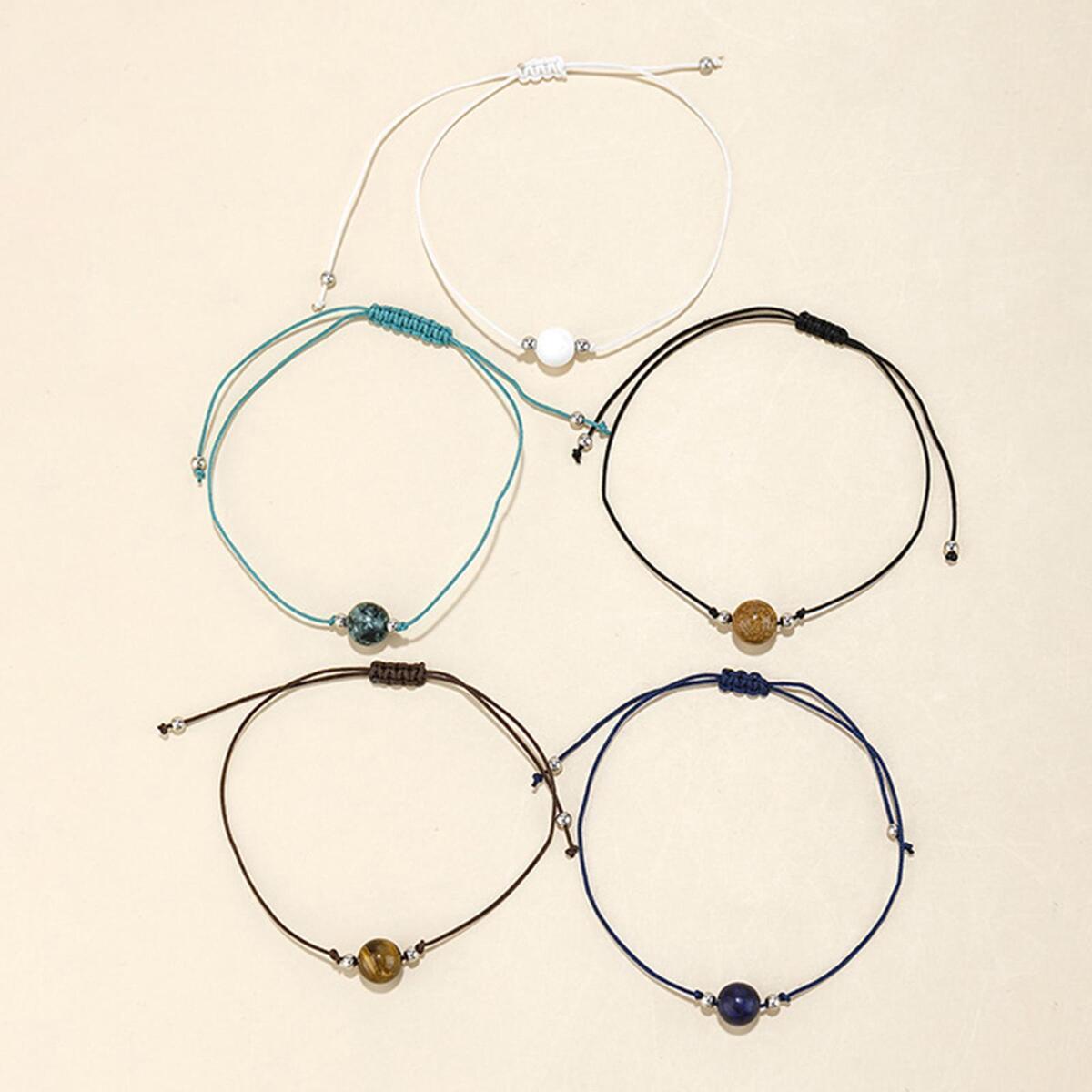 5 Pieces Braided Bead Bracelet Adjustable Wrist Jewelry Bangles for