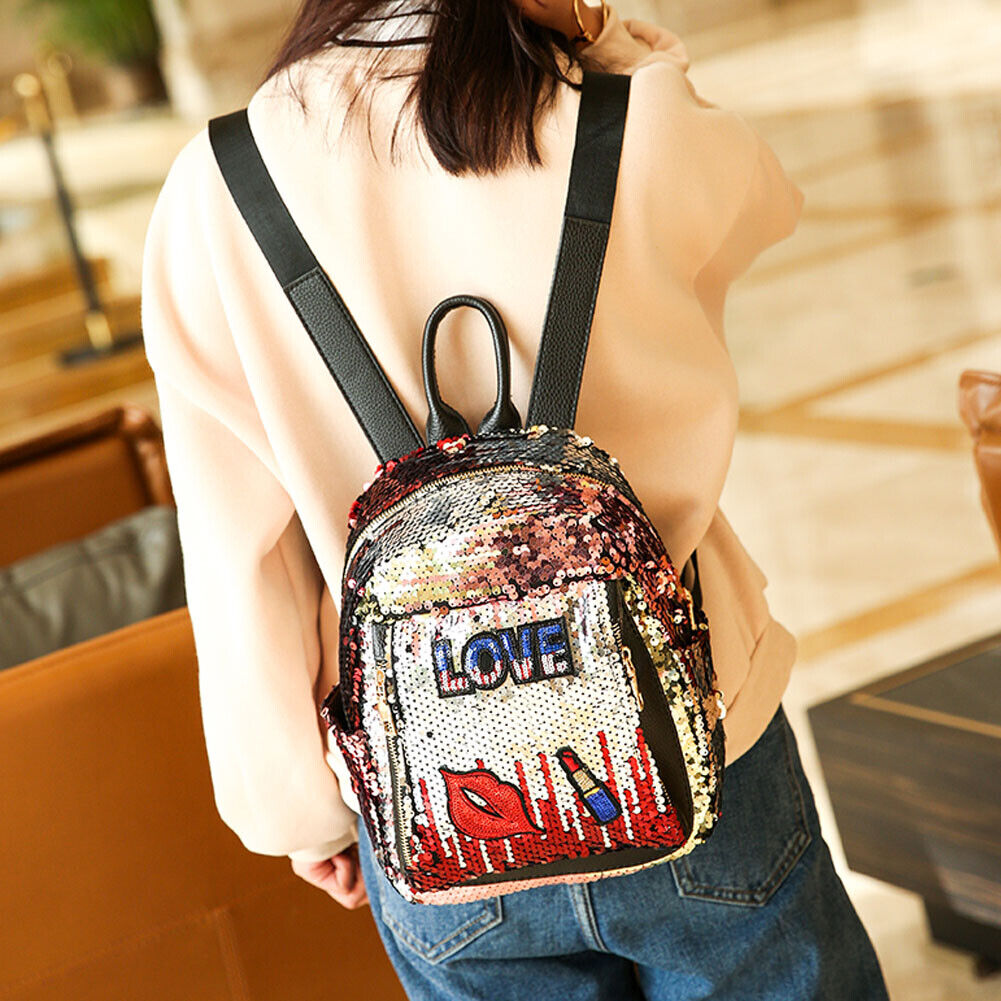 Sequins Backpack Women Girls Casual Preppy Style Lips Shoulder Bag(Red)-192
