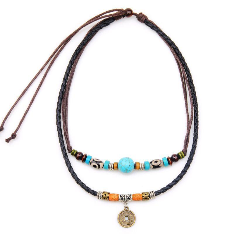 Fashion Necklace Ancient Tribe Man Adjustable Hemp Black Turquoise Bead Choker