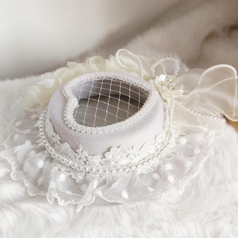 Ribbon Bows Top Hat for Women Lolita Floral Lace Headdress Tea Party Headwear