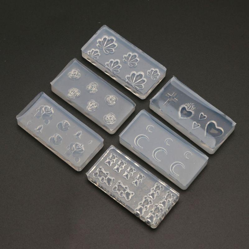 6Pcs  Moon Cross Flower Bear Nail Art Silicone Mold Nail Carving Templates Tools