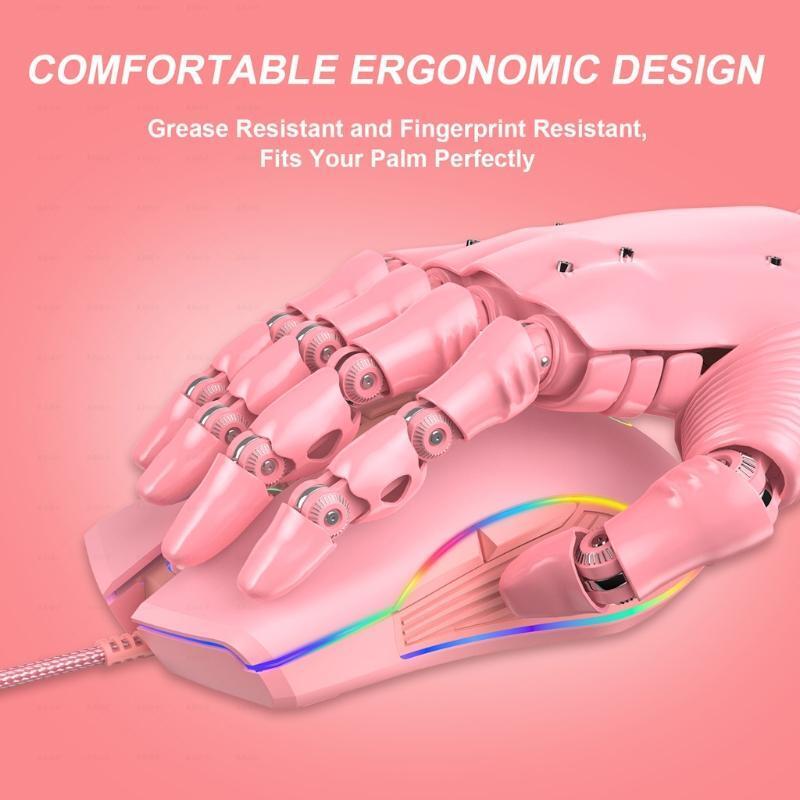 Optical Pink Wired Mouse Mice With Braided USB for Laptop Computer Gift w/Type-C